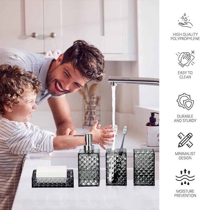 Bathroom Accessory Set, Grid Pattern 4 Pcs Plastic Bathroom Set Include Soap Dispenser, Soap Dish, Toothbrush Holder, Mousewash Cup, Modern Bahtroom D??cor Set, Space Save for Bathroom((Grey)