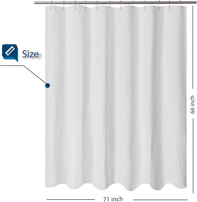 Barossa Design Short Shower Curtain with 66 inch Length Fabric, Waffle Weave, Hotel Luxury Spa, Water Repellent, Machine Washable, 230 GSM White Pique Pattern for Decorative Bathroom Curtain
