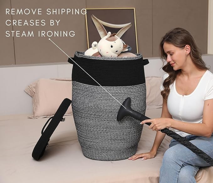 26" x 20" Handcrafted Tall Cotton Rope Basket with Lid, Stylish Flagon Shape with Cover, Clothes Hamper with Top, for Bedroom and Living Room, Black in Black Light Grey Mix