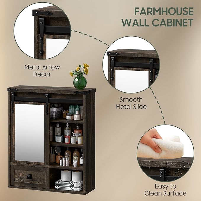 Bathroom Wall Cabinet, Farmhouse Medicine Cabinet with Sliding Mirror Door and Adjustable Shelves, Over The Toilet Space Saver Storage Cabinet with Towels Bar, Wall Mounted Cupboard