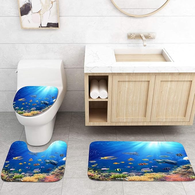 Britimes 4 Piece Shower Curtain Sets, with 12 Hooks, Nature Ocean Sea Turtle and Fish with Non-Slip Rugs, Toilet Lid Cover and Bath Mat for Bathroom Decor Set, 72" x 72"