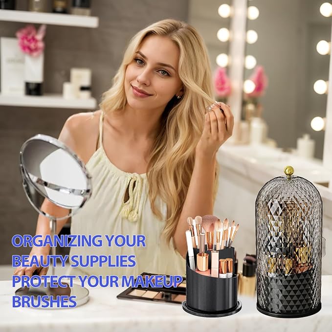 Makeup Brush Holder with Lid, 360 Rotating Multifunction Clear Dustproof Skincare Cosmetic Tools Storage Organizer for Vanity Desktop Bathroom Countertop (White)