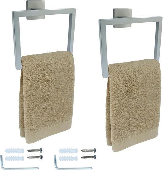 Silver Towel Ring - Premium Stainless Steel Bathroom Accessory, Sleek Square Design Hand Towel Holder, Durable Wall-Mounted Towel Hanger for Contemporary Bathroom, 2 Pcs