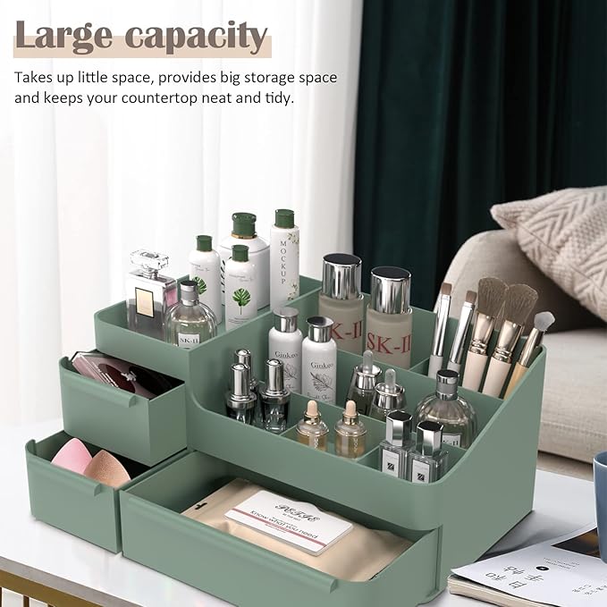 CHANCETSUI Makeup Organizer Stackable Drawer Organizer Set, Bathroom Desk and Vanity Countertop Organizer Trays Cosmetics Display for Brushes, Lotions, Perfumes, Lipstick and Nail Polish, Green