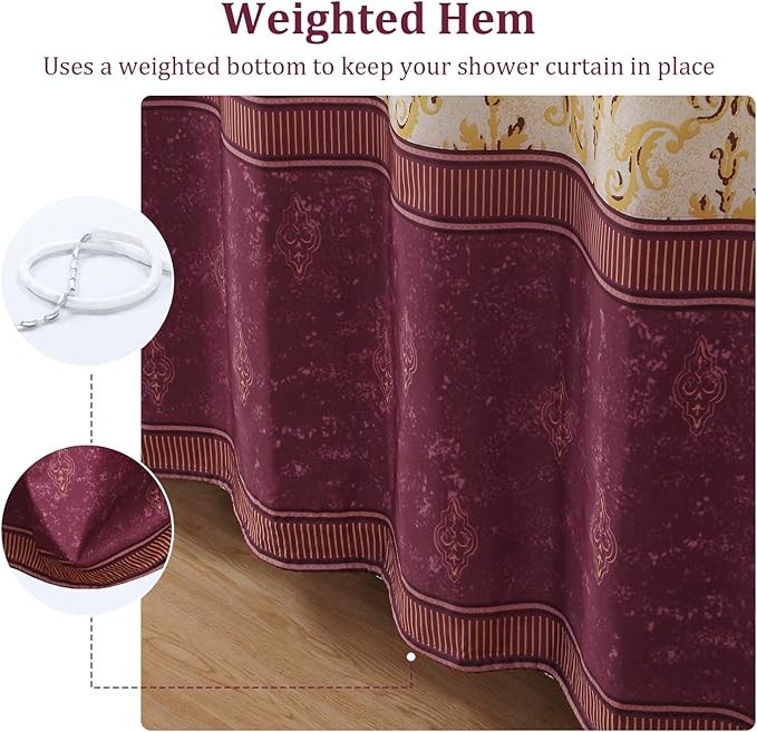 Fabric Shower Curtain， Burgundy Wine with Gold Yellow Boho Paisley Damask Print, Waterproof Bathroom Decor, 72" W x 72" H
