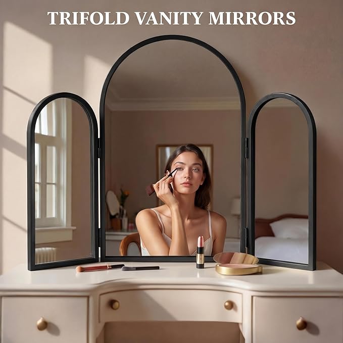 Wonderjune Trifold Vanity Mirrors 3 Way, 30 x 37 in Adjustable Arch Trifold Mirror for Bathroom Bedroom, Decorative Folding 3 Sided Mirror Wall Mounted for Braiding Hair Makeup (Black)