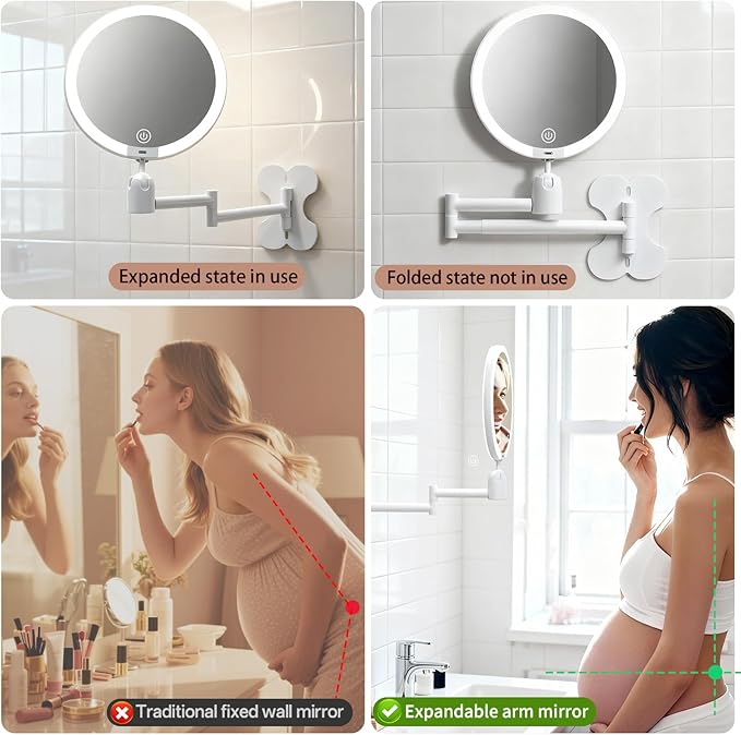 6" Led Wall Mounted Makeup Mirror Double Sided 1/10X, 1-Second Install Lightweight Compact Wall Mirror with Light, Rechargeable Extendable Magnifying Mirror for Bathroom, Wall Vanity Mirrors (1+10X)