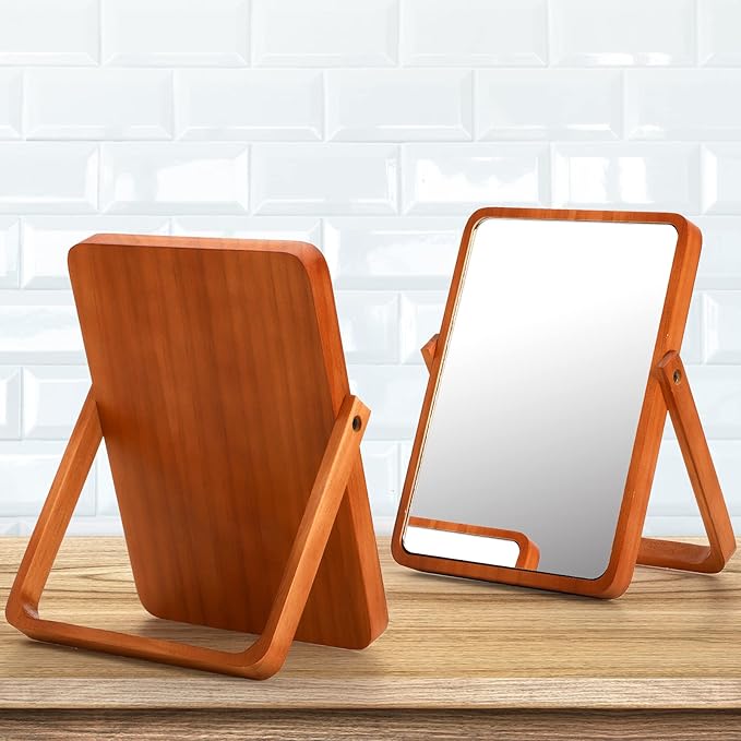 DEAYOU 2 Pack Vanity Mirror with Wood Stand, 360 Degree Rotation Makeup Mirror, 10" Rectangle Standing Swivel Cosmetic Mirror, Portable Wood Tabletop Mirror for Hanging, High-Definition, Pine