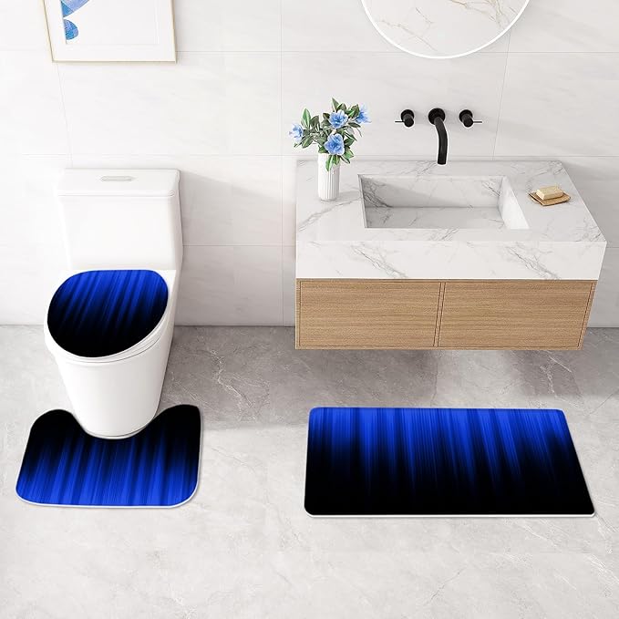 Litabel 4 Pcs Royal Blue and Black Gradient Shower Curtain Set with Rugs and Toilet Lid Cover, Modern Simple Waterproof Fabric Bathroom Set, Ombre Stripe Gothic Abstract Bathroom Decor Set Accessories