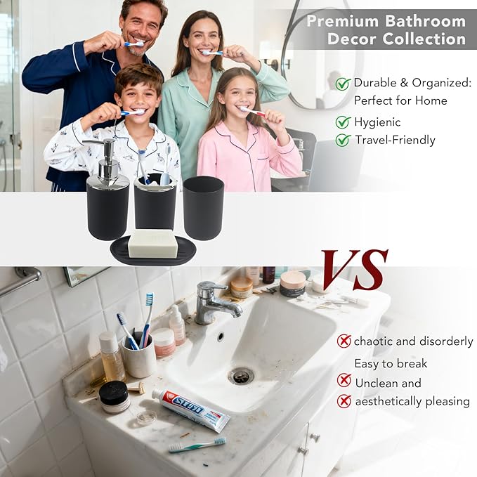 Matte Black Bathroom Accessories Set, 4 Piece Plastic Bathroom Toothbrush Holder Set, Include Soap Dispenser, Toothbrush Holder, Rinse Cup, Soap Dish, Boho Black Bathroom Decor for Home, Bathroom Set