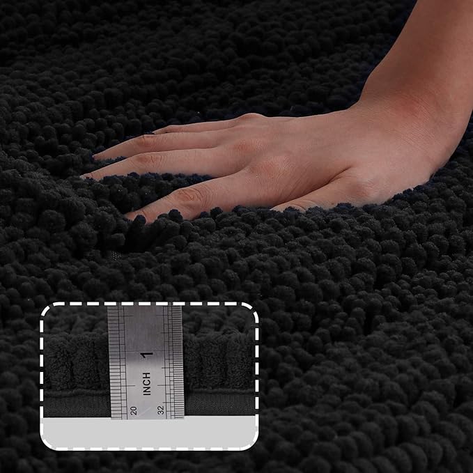 Turquoize Luxurious Non-Slip Shaggy Chenille Kitchen Runner Black Kitchen Rug Ultra Soft Plush Carpet Mat Shag Shower Bath Runner Absorbent Large Bath Mat for Entryway, Size 59 & 20 Inches, Black