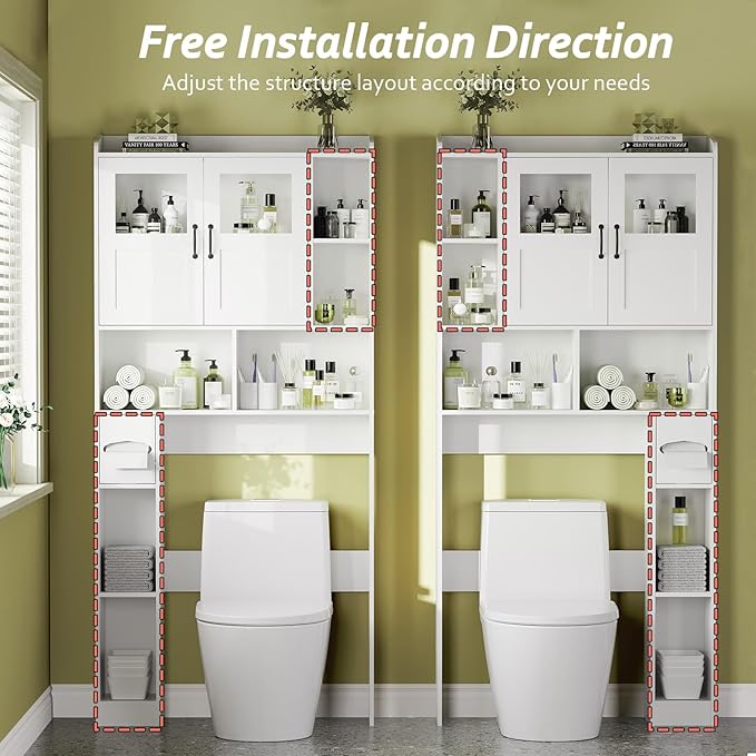 Farmhouse Style Over Toilet Storage Cabinet, 67" Tall Bathroom Organizer Unit with Sliding Barn Doors & Open Shelving for Bathroom, Neutral Wood Grain Finish