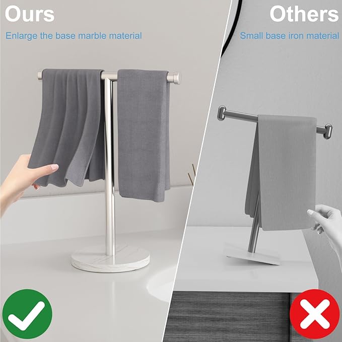 Hand Towel Holder, T-Shape Freestanding Towel Stand with Heavy Marble Base, Stainless Steel Hand Towel Rack for Bathroom Vanity, Kitchen Countertop, Brushed Nickel