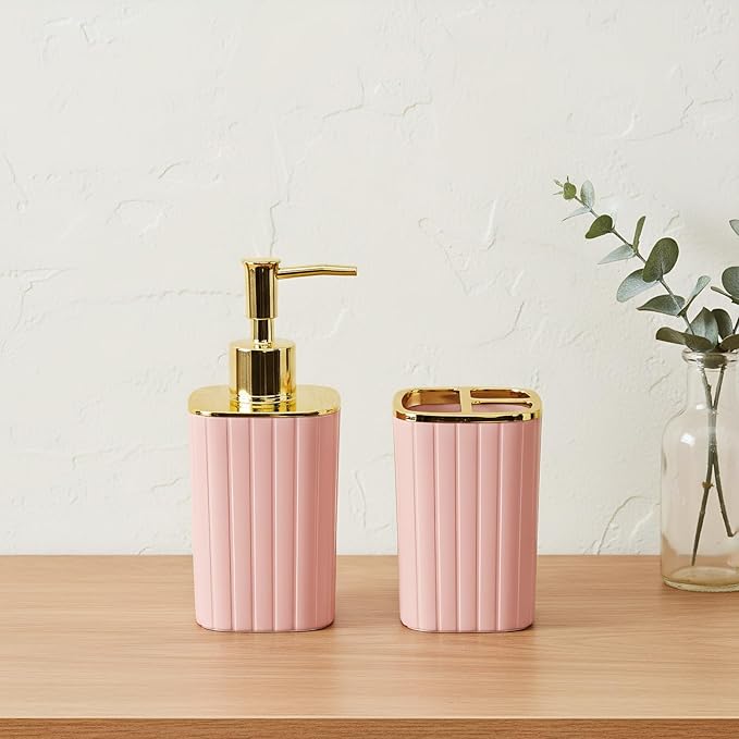 2Pack Bathroom Accessories Set, Pink Bathroom Set. Bathroom Toothbrush Holder Set, Includes Dispenser and Toothbrush Holder. Bohemian Bathroom Accessories