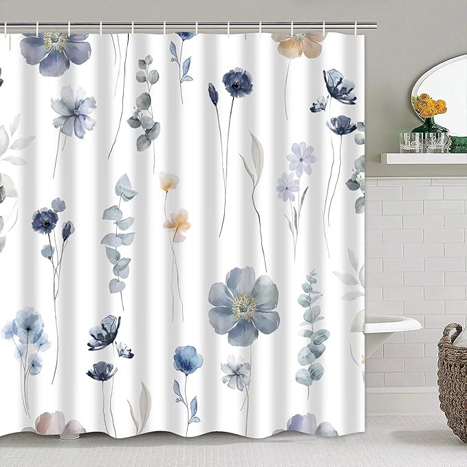 DDQQ 4Pcs Flower Shower Curtain Set with Floral Bathroom Sets, Blue Floral Shower Curtain with 12 Hooks, Bathroom Decor with Rugs Bath Accessories with Shower Curtains for Bathroom Toilet Lid Cover