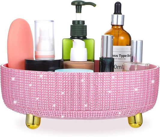 1 PCS 360 Rotating Perfume Organizer, Bling Pink Makeup Organizer Rotating Bathroom Organizers with Rhinestone for Bedroom, Dresser, Tabletop, Cosmetics and Perfume Organization