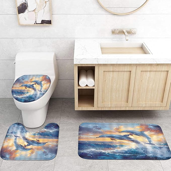 Yizheer 4Pcs Dolphin Shower Curtain Sets,Ocean Scenery Marine Life Sunset Theme Bathroom Curtain with Rugs, Toilet Lid Cover and Bath Mat