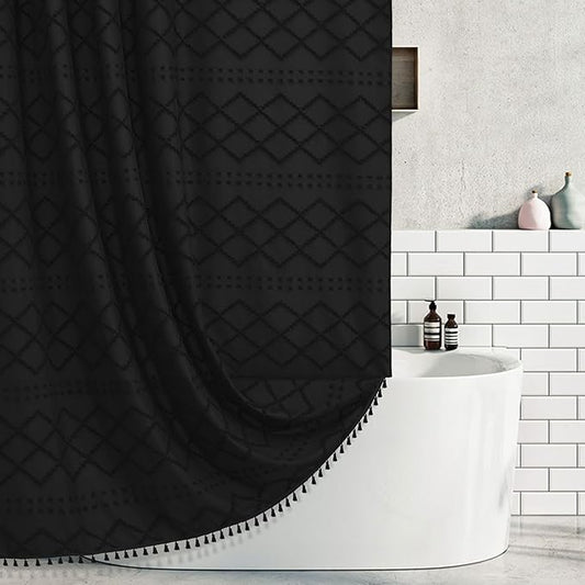 Extra Long Black Woven Fabric Boho Shower Curtain with Tassels 72 x 80 Modern Farmhouse Minimalist, Tufted Chevron Textured Striped Shabby Chic, Water Resistant Cloth Curtain for Bathroom, Hotel Decor