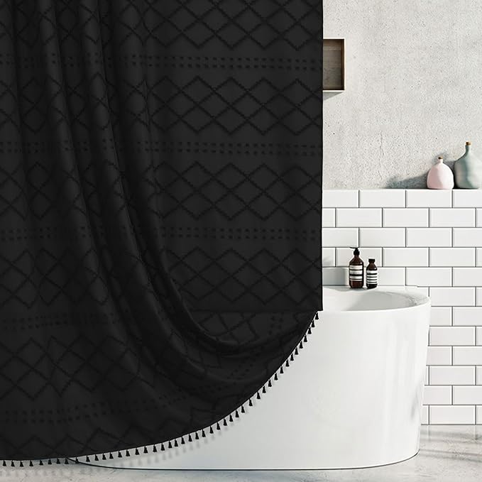Extra Long Black Woven Fabric Boho Shower Curtain with Tassels 72 x 90 Modern Farmhouse Minimalist, Tufted Chevron Textured Striped Shabby Chic, Water Resistant Cloth Curtain for Bathroom, Hotel Decor