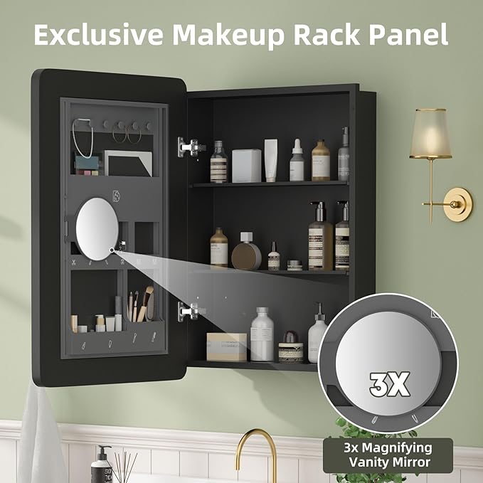20×28 Black Medicine Cabinet with Mirror, Bathroom Medicine Cabinet with Mirror for Vanity Wall Mounted & Recessed with Cosmetics Storage Rack, 2 Stable and Removable Shelves, Easy Installation