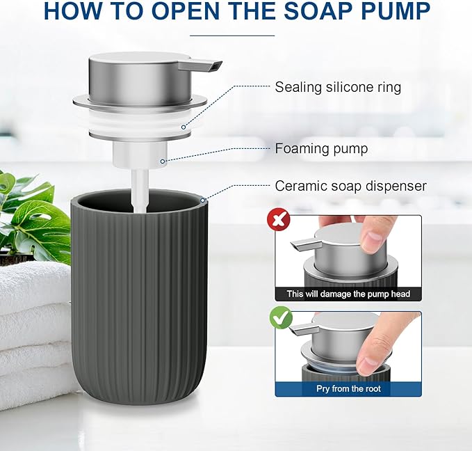 Ceramic Foaming Soap Dispenser, 12 oz Bathroom Foam Hand Soap Dispenser, Refillable Lotion Soap Dispenser with Removable Pump for Kitchen Hand Wash Dispenser, Modern Home Decor (Matte Grey)