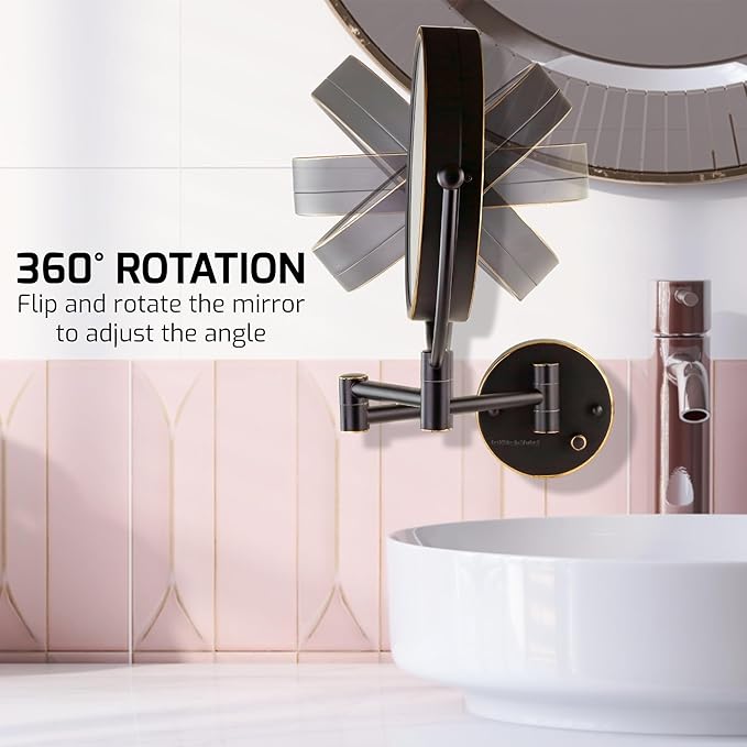 OVENTE Wall Mounted Lighted Makeup Vanity Mirror, 9" Hard Wired Double Sided 1X/7X Magnifying Bathroom Mirror, Dimmable LED Lights, 360° Rotation and 14" Extendable Arm, Rubbed Bronze MPWD3185BZ1X7X