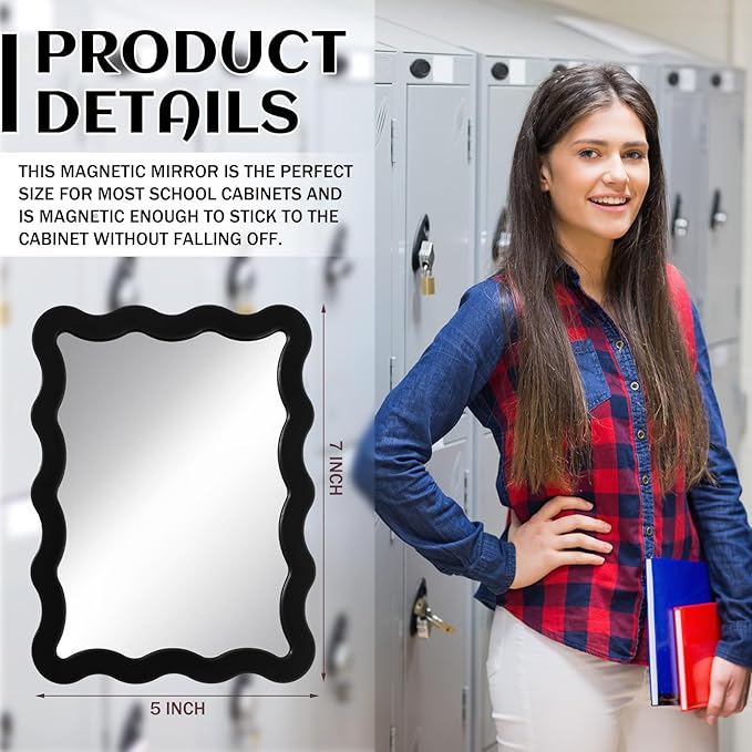 Leinuosen 1 Pcs Scalloped Magnetic Locker Mirror Small Real Glass Makeup Mirror with Magnetic Backing Cute Locker Decorations for Office Cabinet Lockers Accessories (5 x 7 Inch,Black)