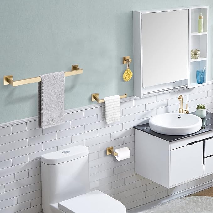TURS Brushed Gold Bathroom Accessory Set 4-Pieces Bathroom Hardware Set Square Towel Bar Set Stainless Steel Towel Holder Set