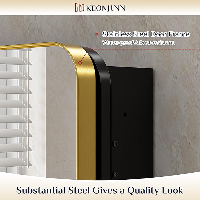 Keonjinn 48 x 32 Inch Large Gold Medicine Cabinets, Recessed Bathroom Medicine Cabinet, Dim Brushed Brass Stainless Steel Framed, Sturdy & Heavy, Stepless Adjustable Shelves, DTC Hinges, Modern