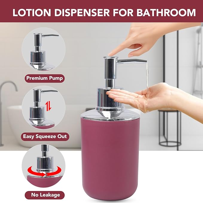 Red Bathroom Accessories Set, 4 Piece Plastic Bathroom Toothbrush Holder Set, Include Soap Dispenser, Toothbrush Holder, Rinse Cup, Soap Dish, Boho Burgundy Bathroom Decor for Home, Bathroom Set