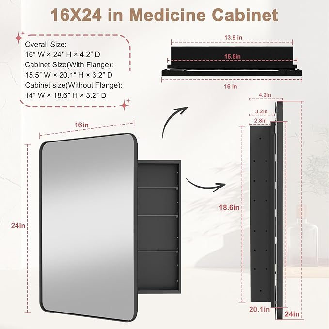 Medicine Cabinet with Mirror, 16x24 Fully Assembled Recessed or Wall-Mounted Bathroom Mirrored Cabinet with Adjustable Storage Shelves for Vanity, Metal, Black