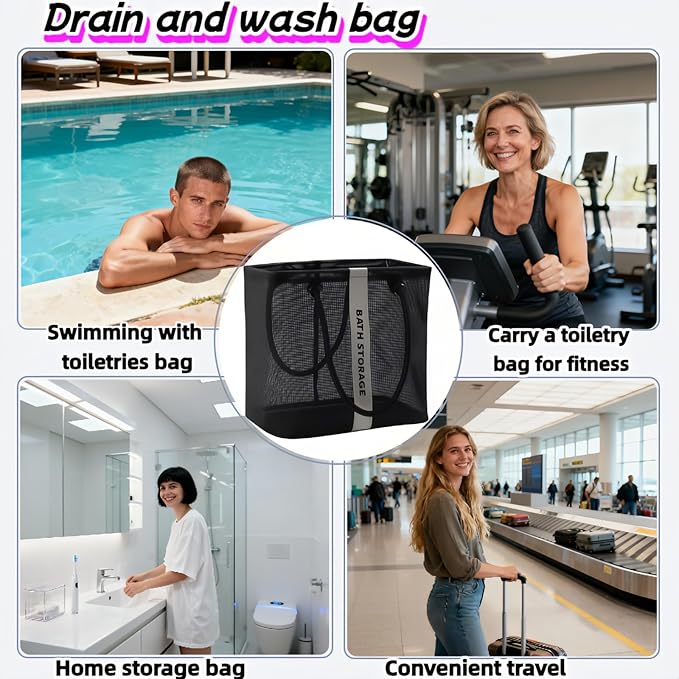 Large Shower Caddy with Wide Mouth, Foldable Mesh Organizer for Bathroom, College Dorm, Gym & Camping - Heavy Duty Cotton Handle, Quick-Dry Storage for Toiletries