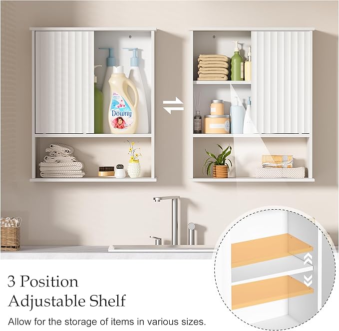 Fluted Bathroom Wall Cabinet with Sliding Door, 24" x 22" Upgraded All Painted Wood Medicine Cabinet with 3-Point Adjustable Shelf, Over Toilet Wall Mounted Cabinet Organizer for Bathroom