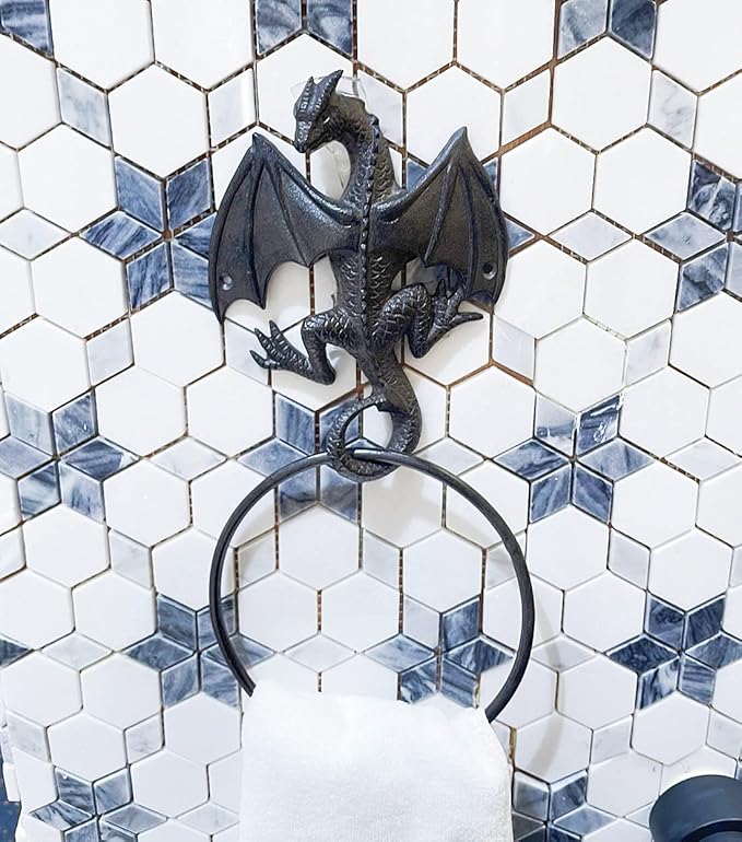Cast Iron Gothic Dragon Towel Ring, Wall Mounted Medieval Accessories for Bathroom