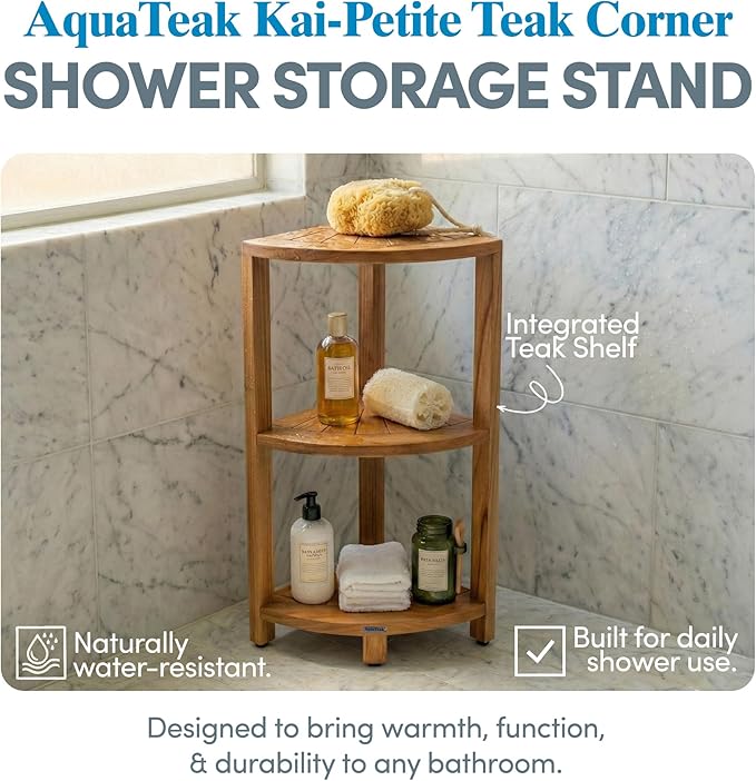 AquaTeak 12" Kai-Petite Teak Corner Shelf Stand - Shower Stand with 3 Tier Shelf for Bathroom - Durable Water Resistant Shower Organizer - Space-Saving Storage Shelves with Anti-Slip Feet