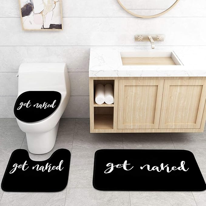 Britimes 4 Piece Shower Curtain Sets with 12 Hooks, Get Naked Black with Non-Slip Rugs, Toilet Lid Cover and Bath Mat for Bathroom Decor Set 72" x 72"