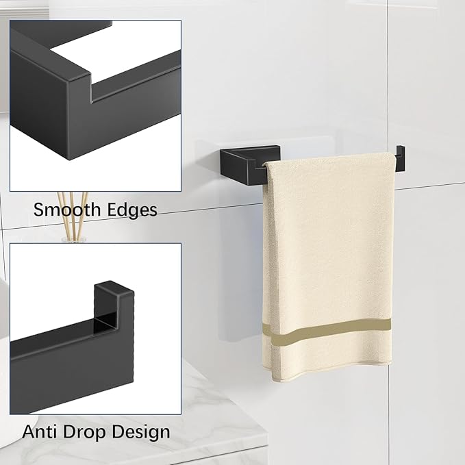 Gypie Hand Towel Holder for Bathroom Wall 2 Pack -Modern Towel Ring Square Hidden Mount with Dual Screws, Anti-Slip End, Stainless Steel, Matte Black