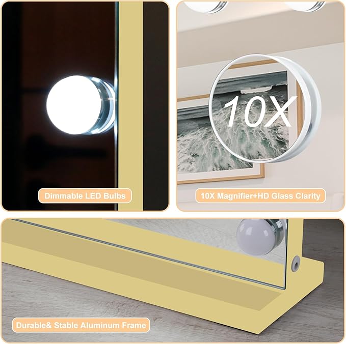Moonee Gold Vanity Mirror with Lights, Hollywood Lighted Makeup Mirror with 18 Dimmable Bulbs and 10X Magnification, 3 Colors Modes, Aluminum Metal Frame, Light Up Mirror for Tabletop/Wall（32" x 24"）