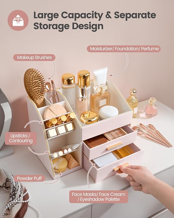 Lolalet Makeup Organizer with Drawers, PU Leather Spacious Skincare Holder Lipsticks Perfume Brushes Beauty Essentials Display Case for Vanity Dresser Countertop Bathroom Easy to Clean -Pink