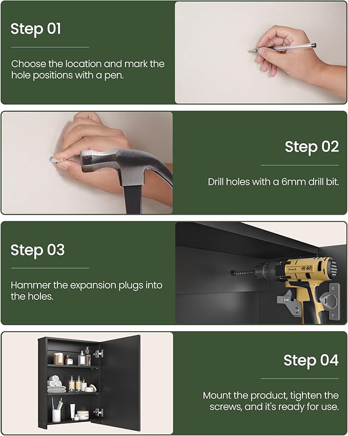 CHOEZON Bathroom Medicine Cabinet, Wall-Mounted Bathroom Vanity with Mirror, Bathroom Medicine Cabinet with Storage Function, Hanging Storage Cabinet, Adjustable Shelves, Black
