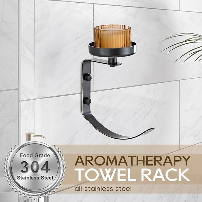 Hand Towel Holder for Bathroom with Vintage Wall Mounted Candle Holder Wall Mounted Towel Hook with Cut Candle Holder for Bathroom Decor and Accessories Black YIGUANXIN