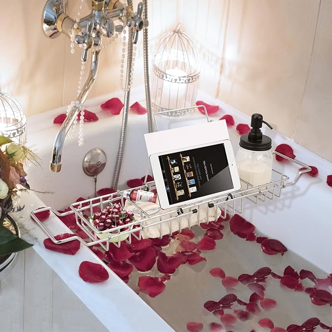 HOMEE Stainless Steel Shower Caddy Tray with Removable Book Holder, European Style Extendable Rectangular Bathroom Tray for Shower Bath Phone IPad Book Holder Candleholder Table Shelf - Silver