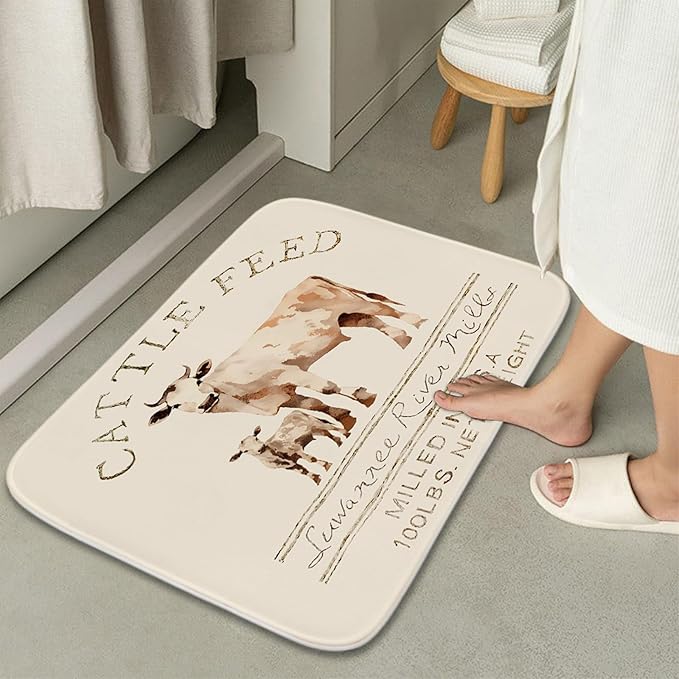 Farmhouse Abstract Animal Cattle Feed Cow Rustic Bathroom Rugs and Mats Sets 3 Piece, Memory Foam Bath Mat, U-Shaped Contour Shower Mat Non Slip Absorbent, Velvet Washable 20 x 31 inch