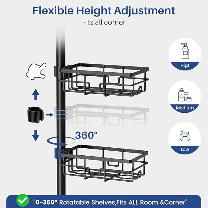 Corner Shower Caddy Organizer Tension Pole, Adjustable 6 Shower Shelves Corner Shelf 30-120Inch Rustproof Shower Rack for Inside Shower, Extra Towel Bar Soap Dish Bathroom Organizers and Storage Black