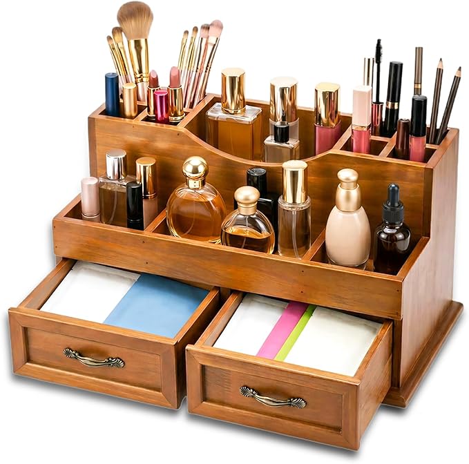 Rustic Wood Makeup Organizer with 2 Drawers, Vintage Tabletop Storage Box for Perfume, Skincare and Beauty Supplies, Thick Wood Design for Office, Bathroom, or Countertop