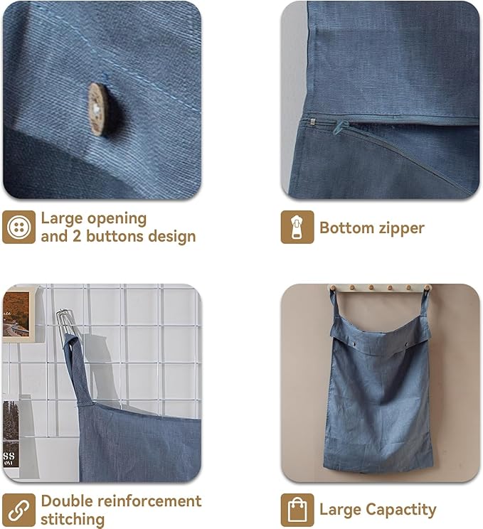100% Linen Hanging Laundry Hamper Bag 20x27 Inch, Over the Door with 2 Buttons and Bottom Zipper Saving Space Wall Back organizers For Dirty Clothes Dorm Travel College Camp Sock Large Capacity,Blue