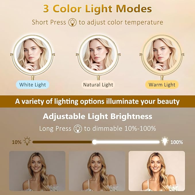 Vanity Mirror with Lights,4000mAh Rechargeable Double Sided Magnifying Mirror with 3 Colors Adjustable,1x/10x Lighted Makeup Mirror,360°Rotation Touch Screen with Memory Function,Gold
