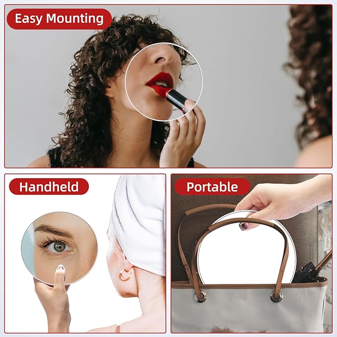 10X Magnifying Mirror with 3 Suction Cups - 6'' Stick on Makeup Magnification 10X Travel Magnified Mirror Portable Handheld Magnification and Tweezers Set for Travel, Makeup, Bathroom
