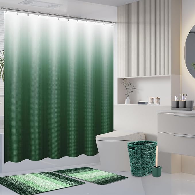 XLHOMO Dark Green Bathroom Accessories Set with Wicker Trash Can Shower Curtain and Rugs,Bathroom Sets Small Waste Basket Bathroom Trash Can for Bedroom Bathroom