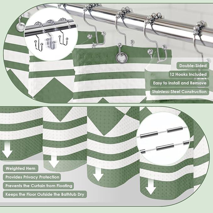Britimes Sage Green Bathroom Sets with Shower Curtain and Rugs, Modern Geometric Striped Waterproof Shower Curtain Liner and Soft Non Slip Bath Mat for Bathroom Decor and Accessories Hooks